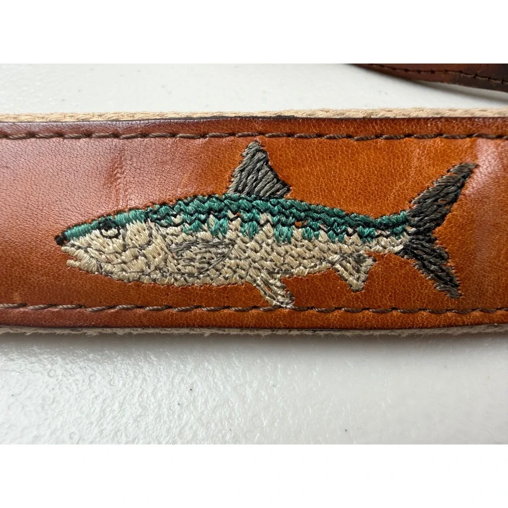 Orvis Mens Leather Canvas Belt Embroidered Tarpon Fish Brown Tan Size 38